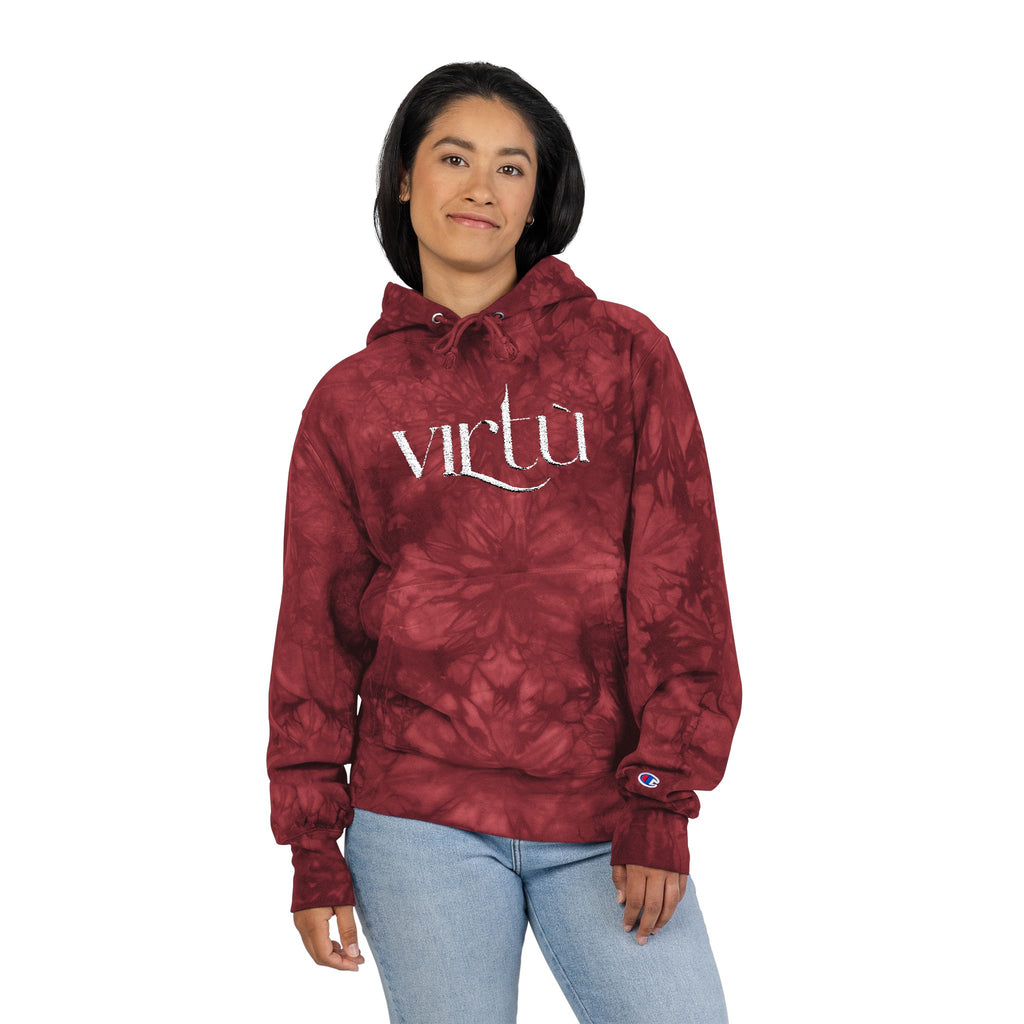 Tie-Dye Hoodie — Embroidered "Virtù" Black Swirl Streetwear