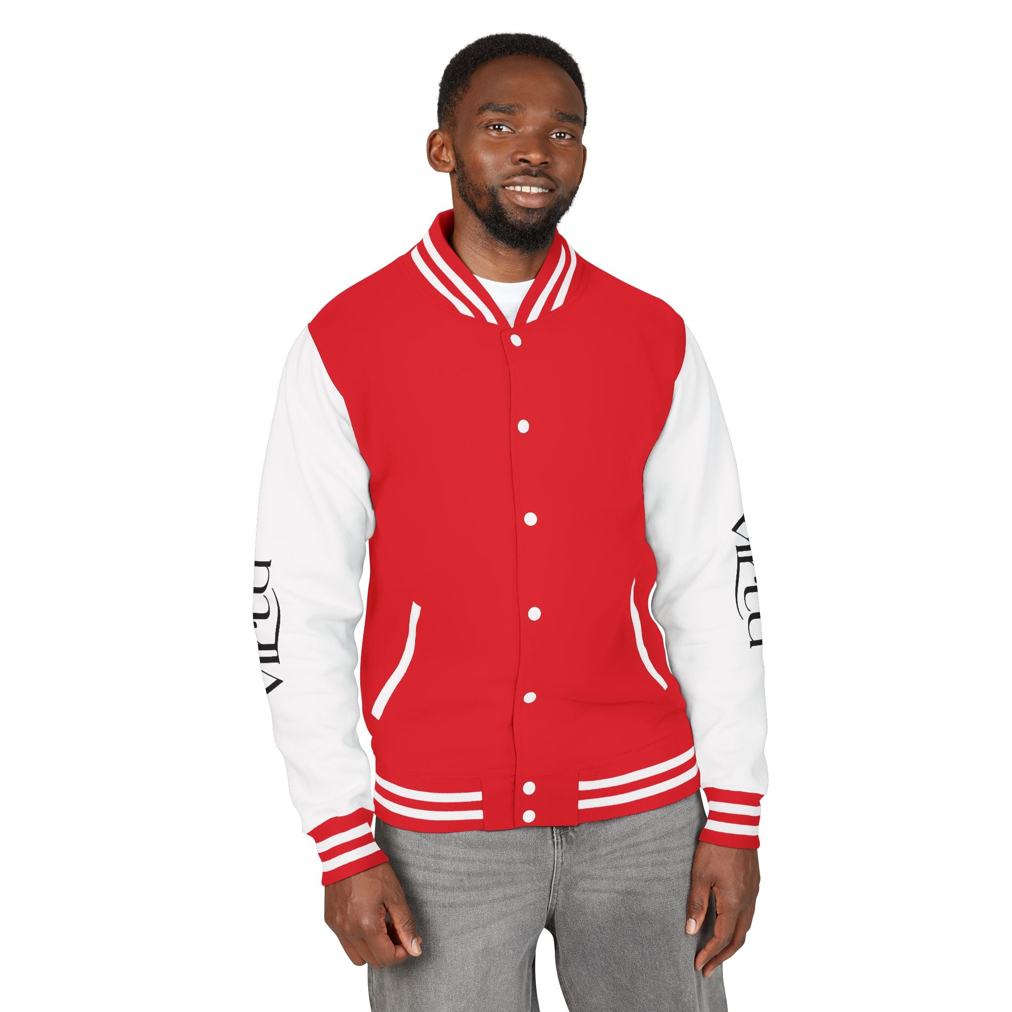 Letterman Jacket — Black & White Varsity Bomber with Sleeve Script