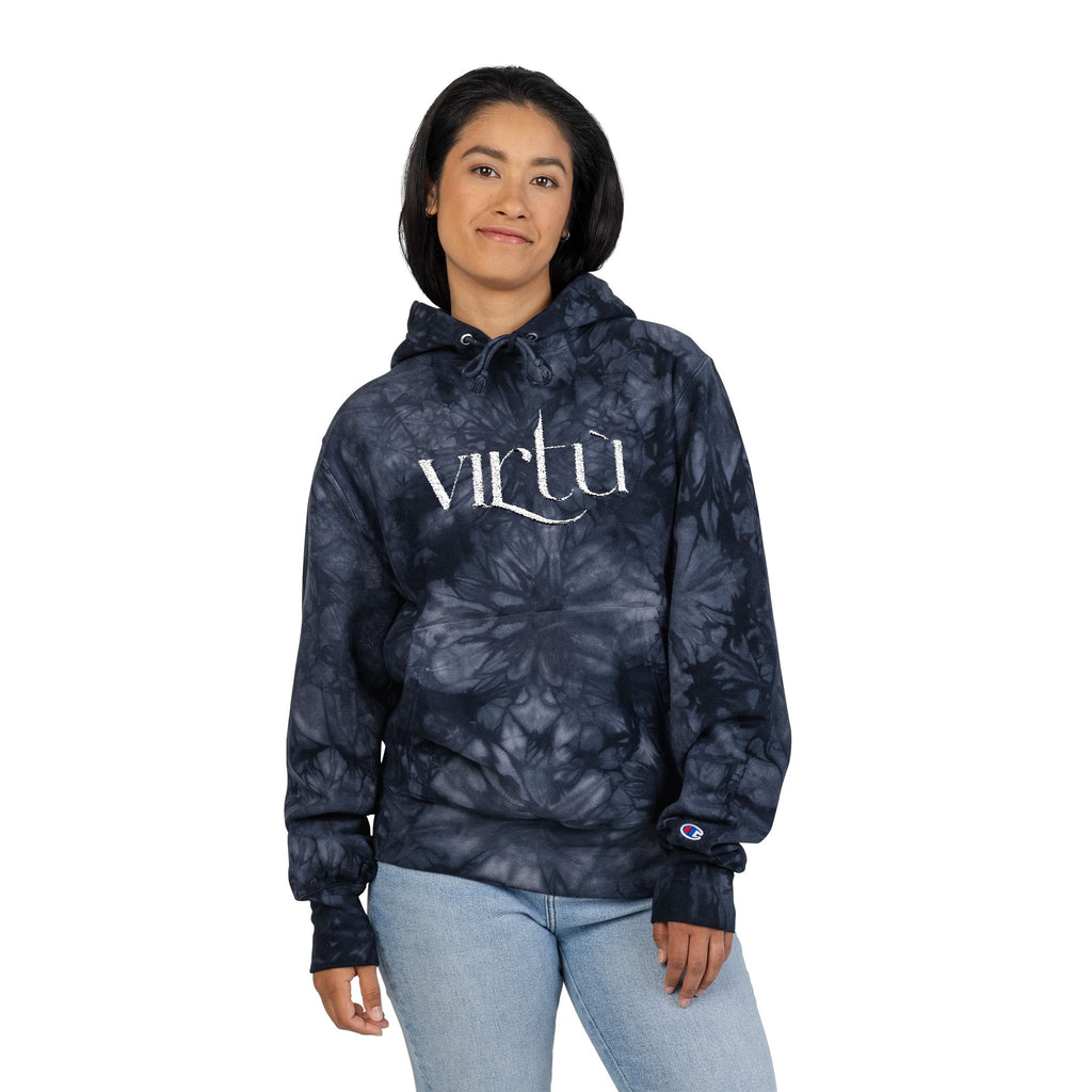 Tie-Dye Hoodie — Embroidered "Virtù" Black Swirl Streetwear