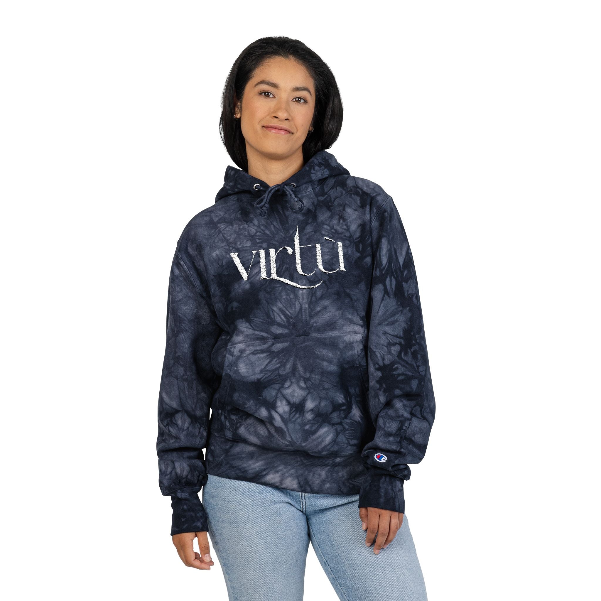 Tie-Dye Hoodie — Embroidered "Virtù" Black Swirl Streetwear