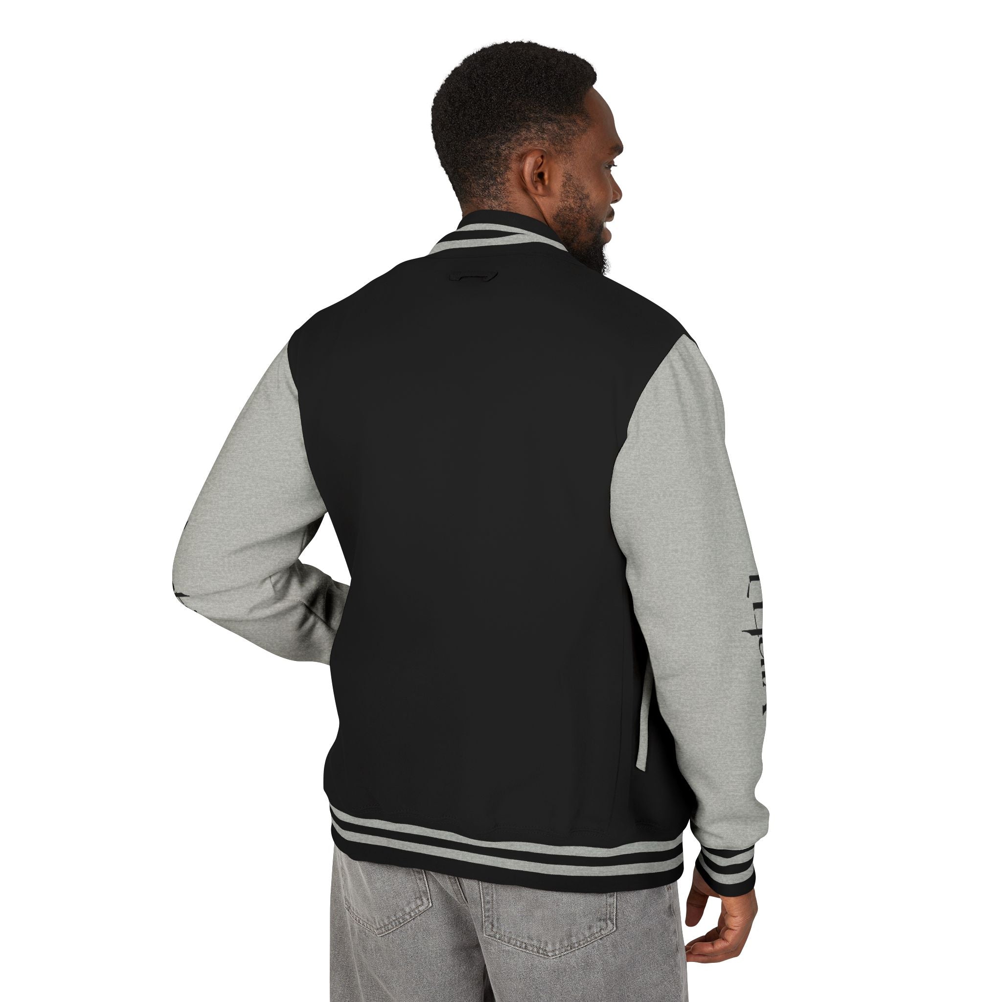 Letterman Jacket — Black & White Varsity Bomber with Sleeve Script