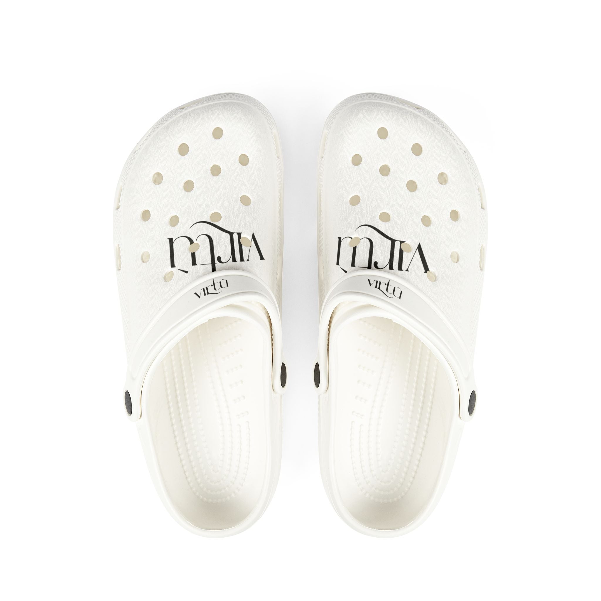 White EVA Foam Clogs with Script Logo — Lightweight Comfort Slip-Ons