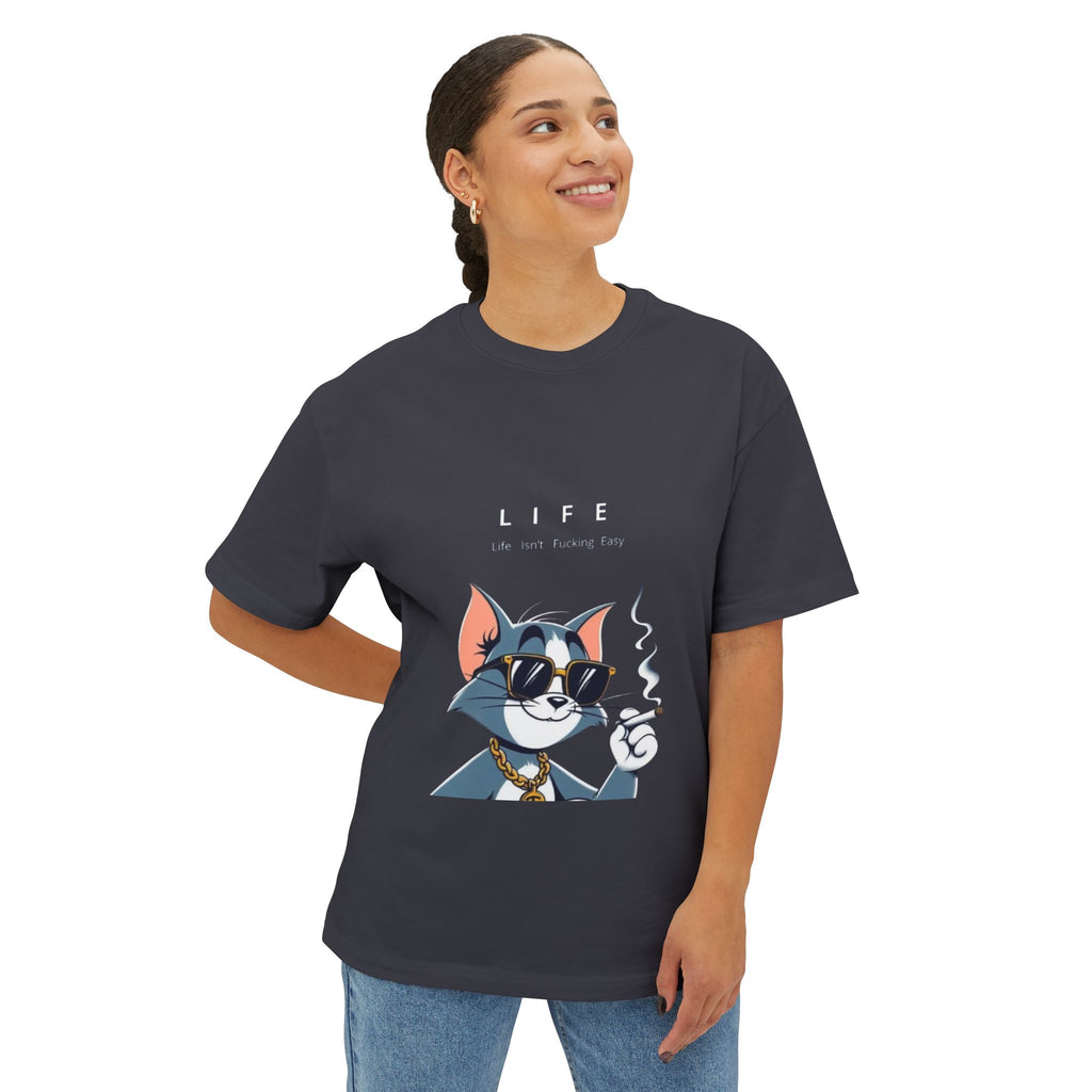 Cat Cartoon Tee — "Life Is Not Coming Back" Oversized Graphic T-Shirt