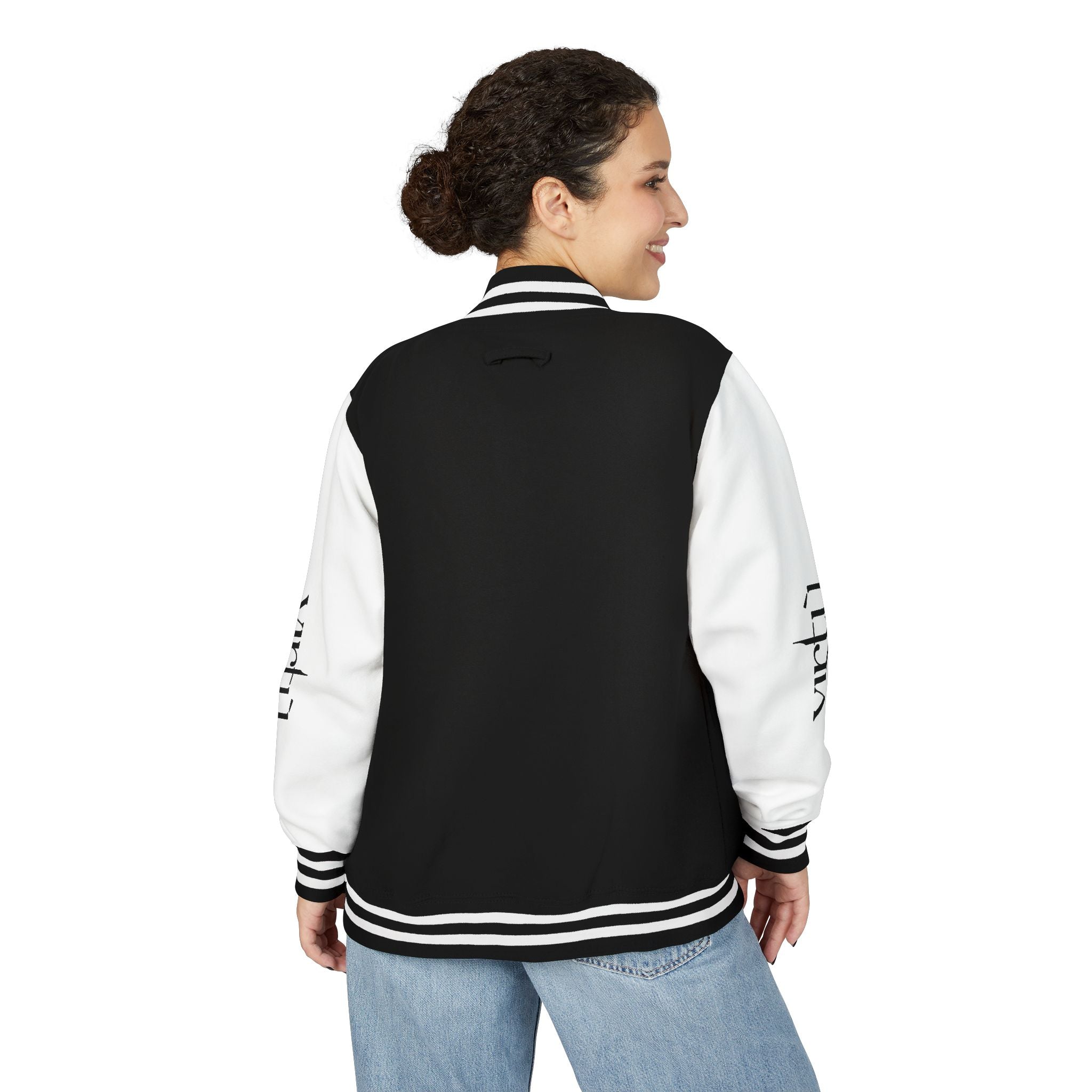 Letterman Jacket — Black & White Varsity Bomber with Sleeve Script