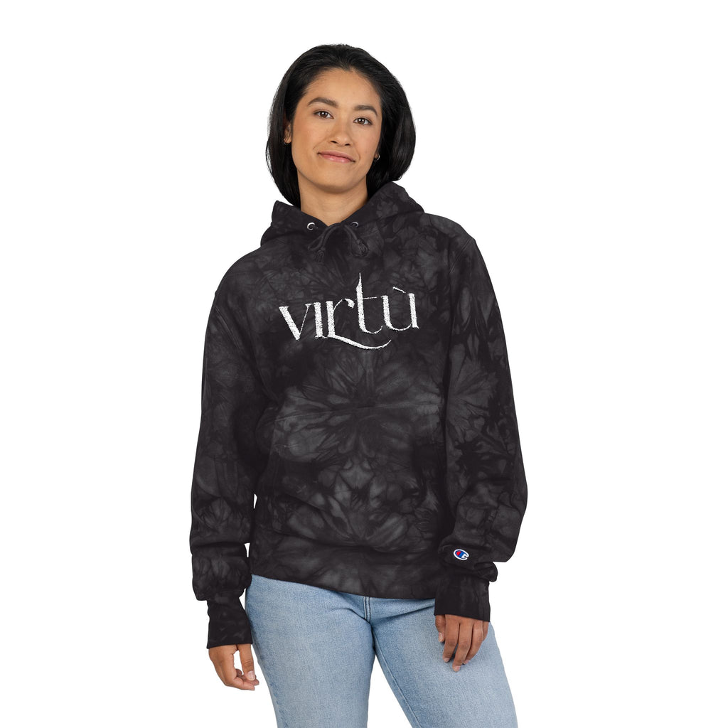 Tie-Dye Hoodie — Embroidered "Virtù" Black Swirl Streetwear