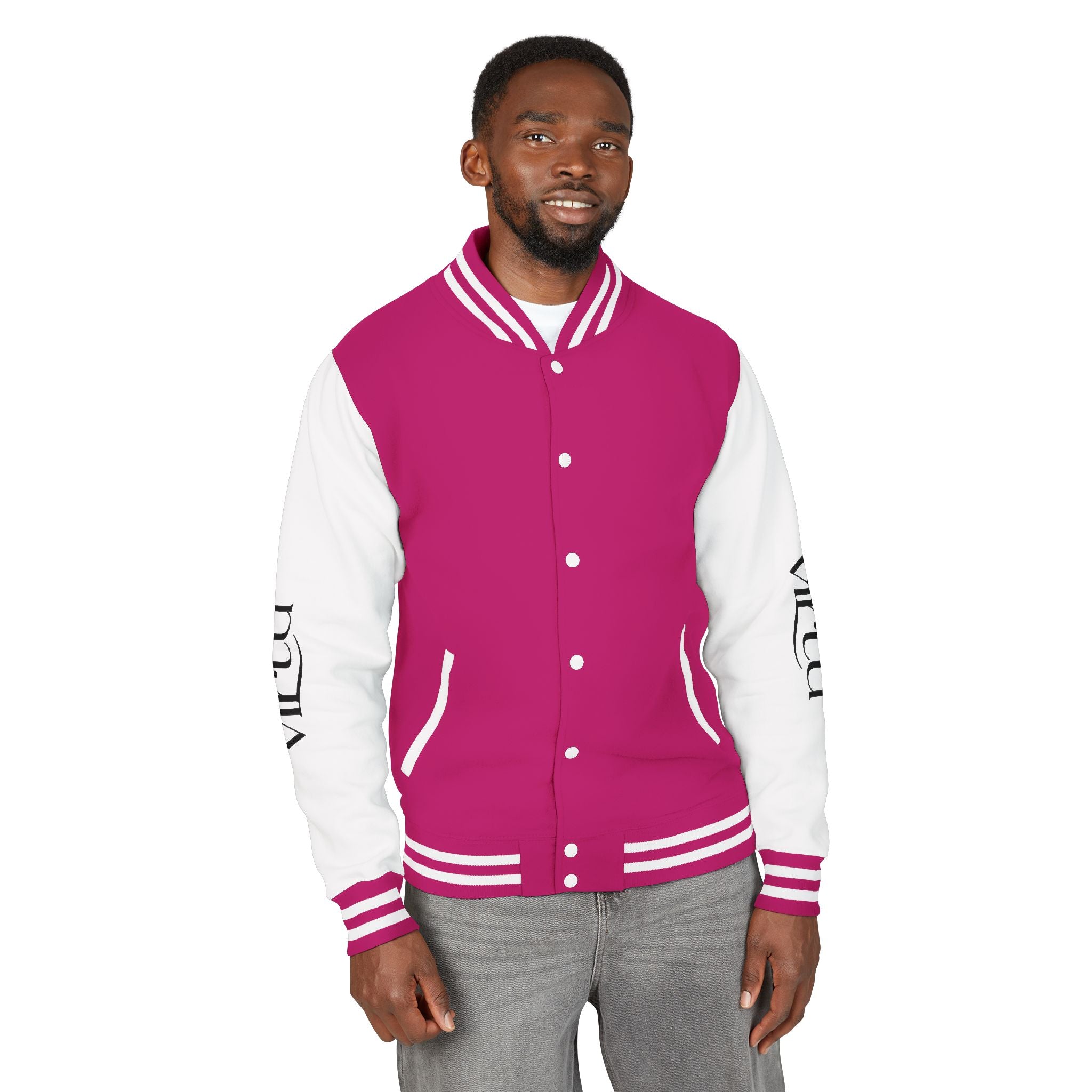 Letterman Jacket — Black & White Varsity Bomber with Sleeve Script