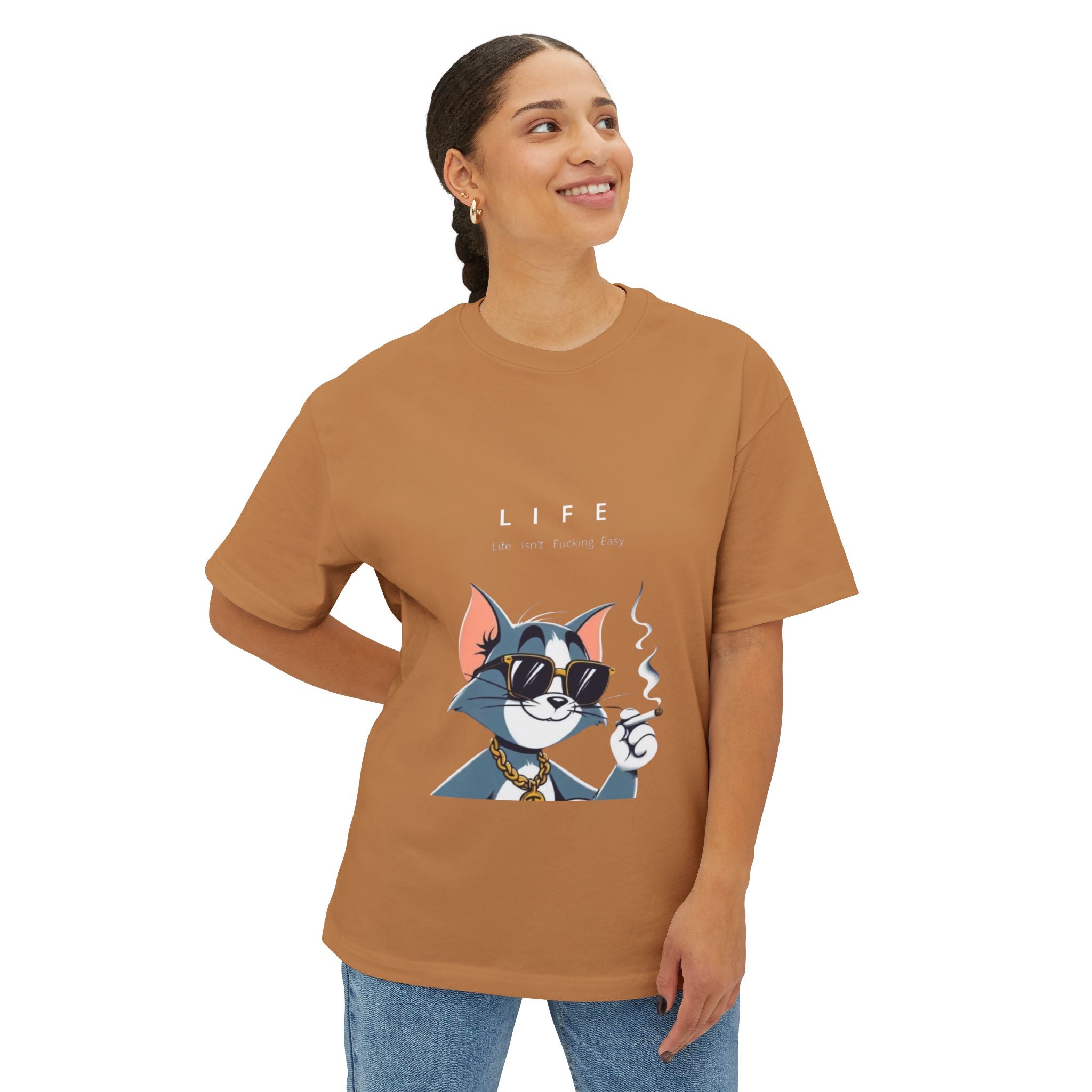 Cat Cartoon Tee — "Life Is Not Coming Back" Oversized Graphic T-Shirt