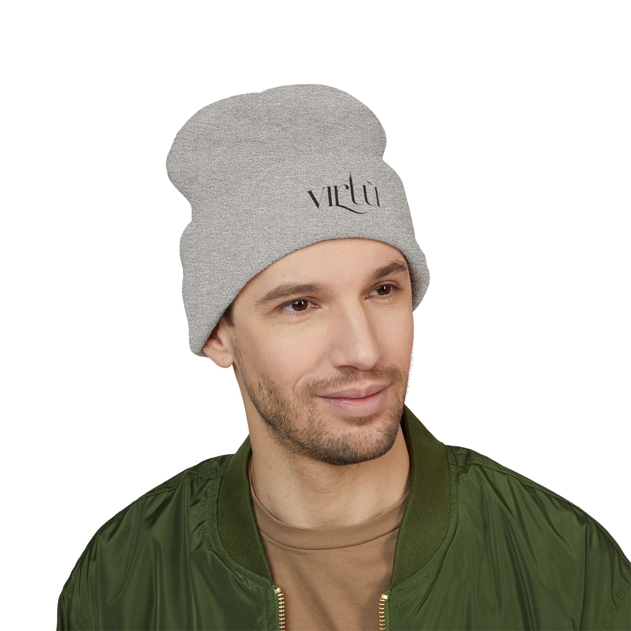 Embroidered 'Virtù' Cuffed Beanie — Classic Knit Winter Hat