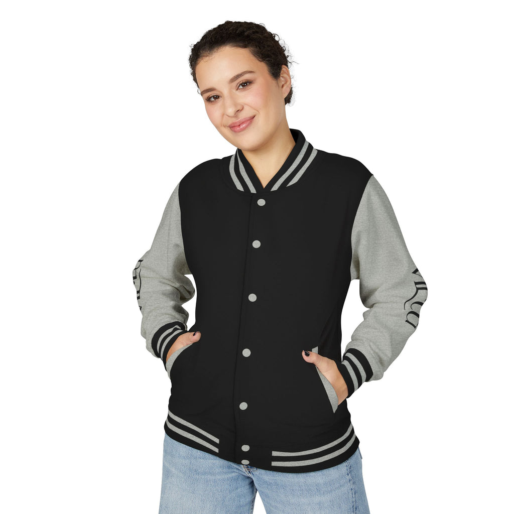 Letterman Jacket — Black & White Varsity Bomber with Sleeve Script