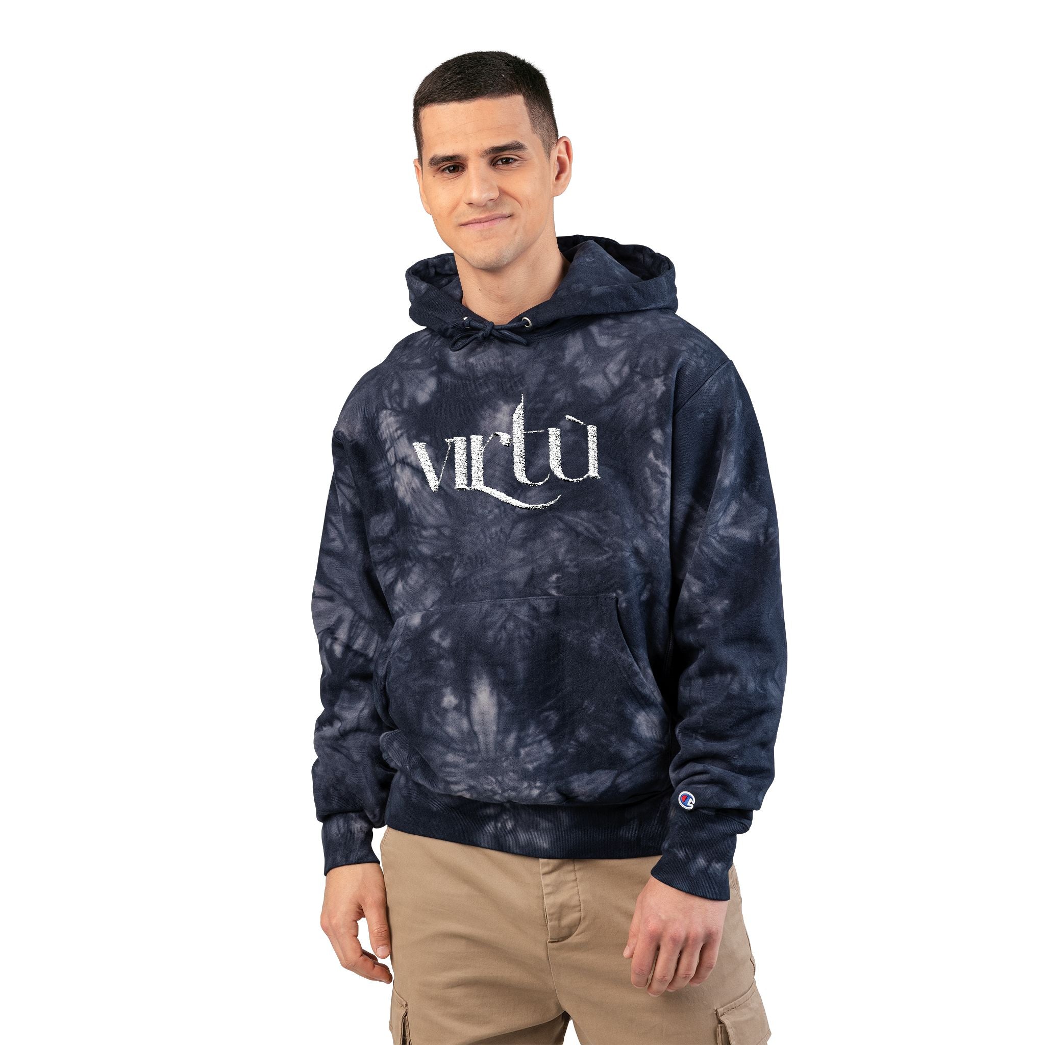 Tie-Dye Hoodie — Embroidered "Virtù" Black Swirl Streetwear