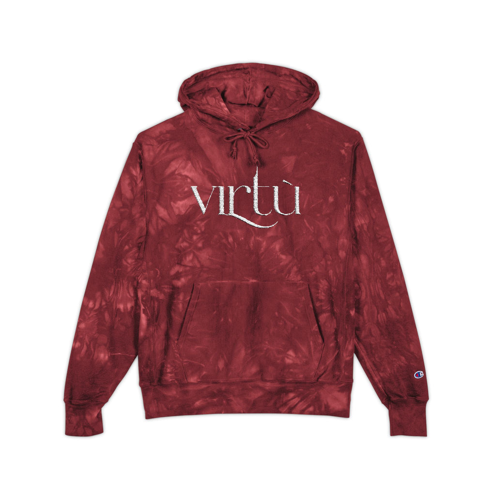 Tie-Dye Hoodie — Embroidered "Virtù" Black Swirl Streetwear