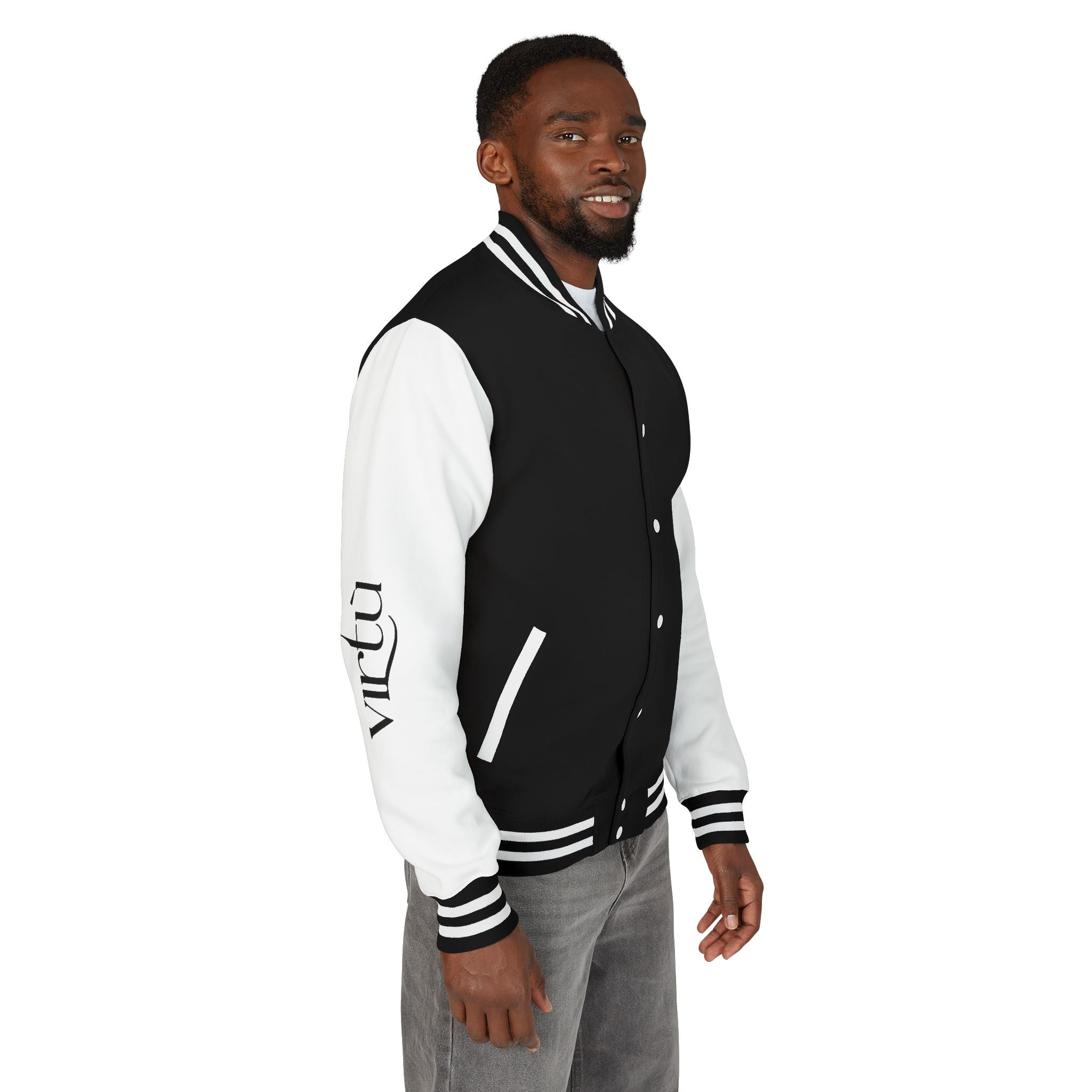 Letterman Jacket — Black & White Varsity Bomber with Sleeve Script