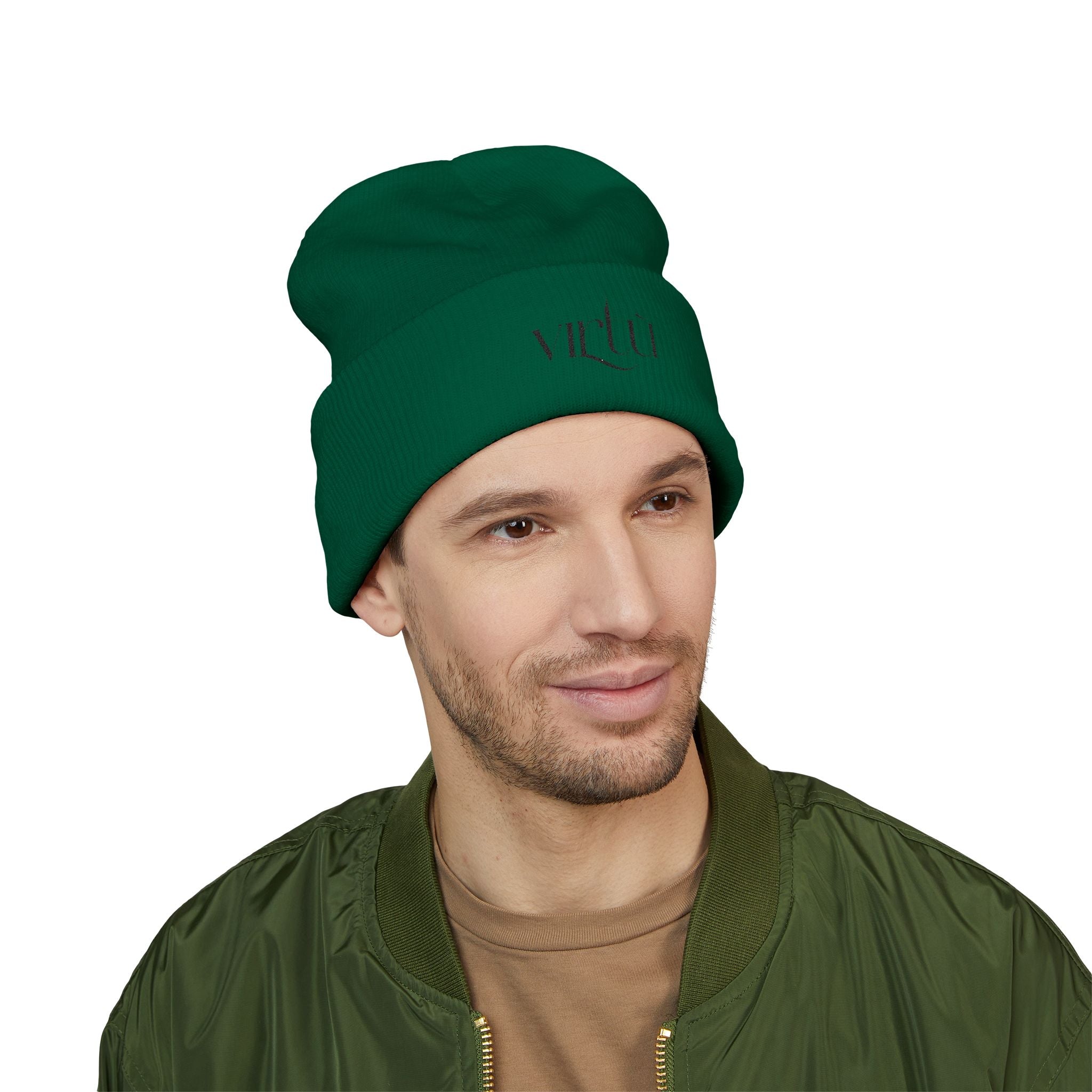 Embroidered 'Virtù' Cuffed Beanie — Classic Knit Winter Hat
