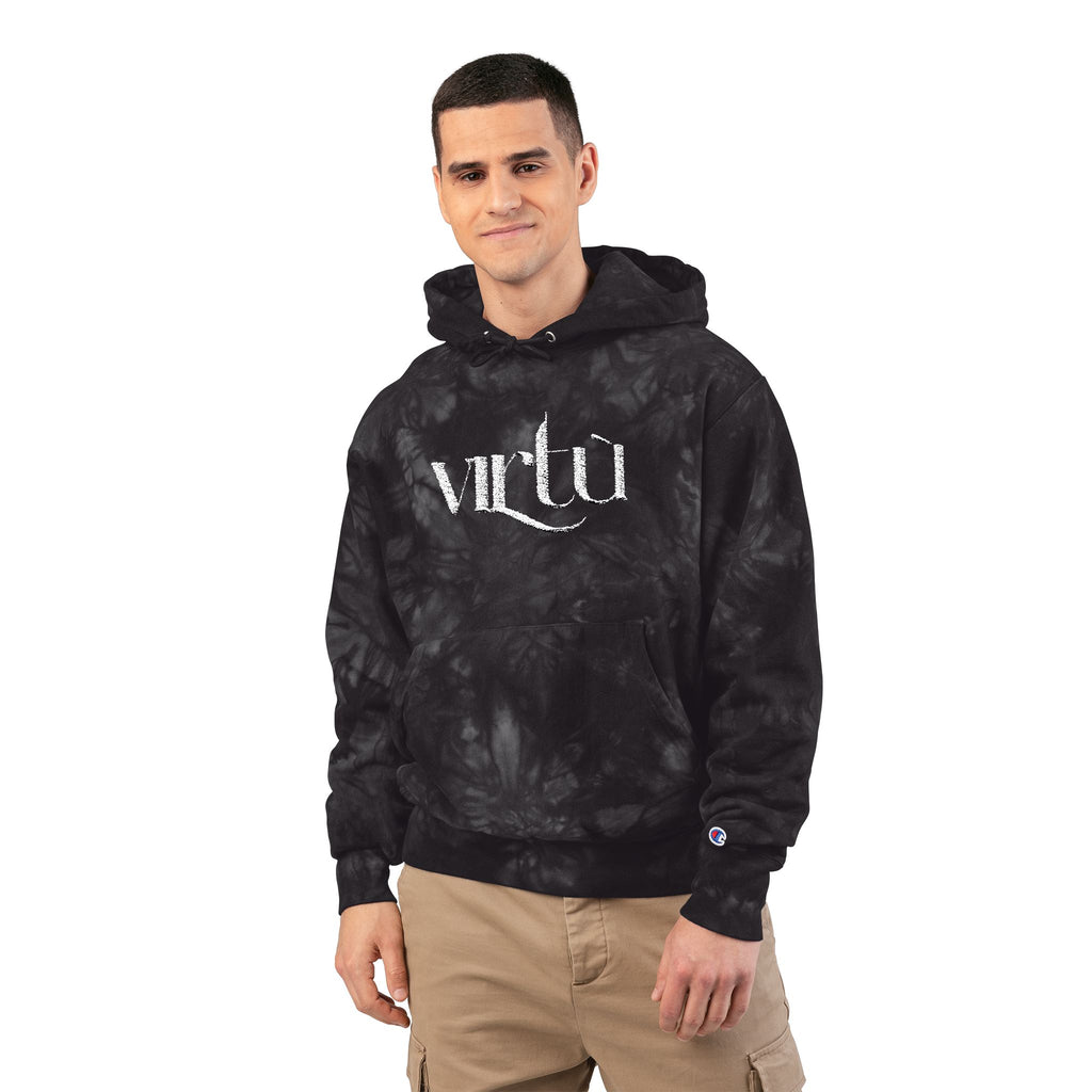 Tie-Dye Hoodie — Embroidered "Virtù" Black Swirl Streetwear