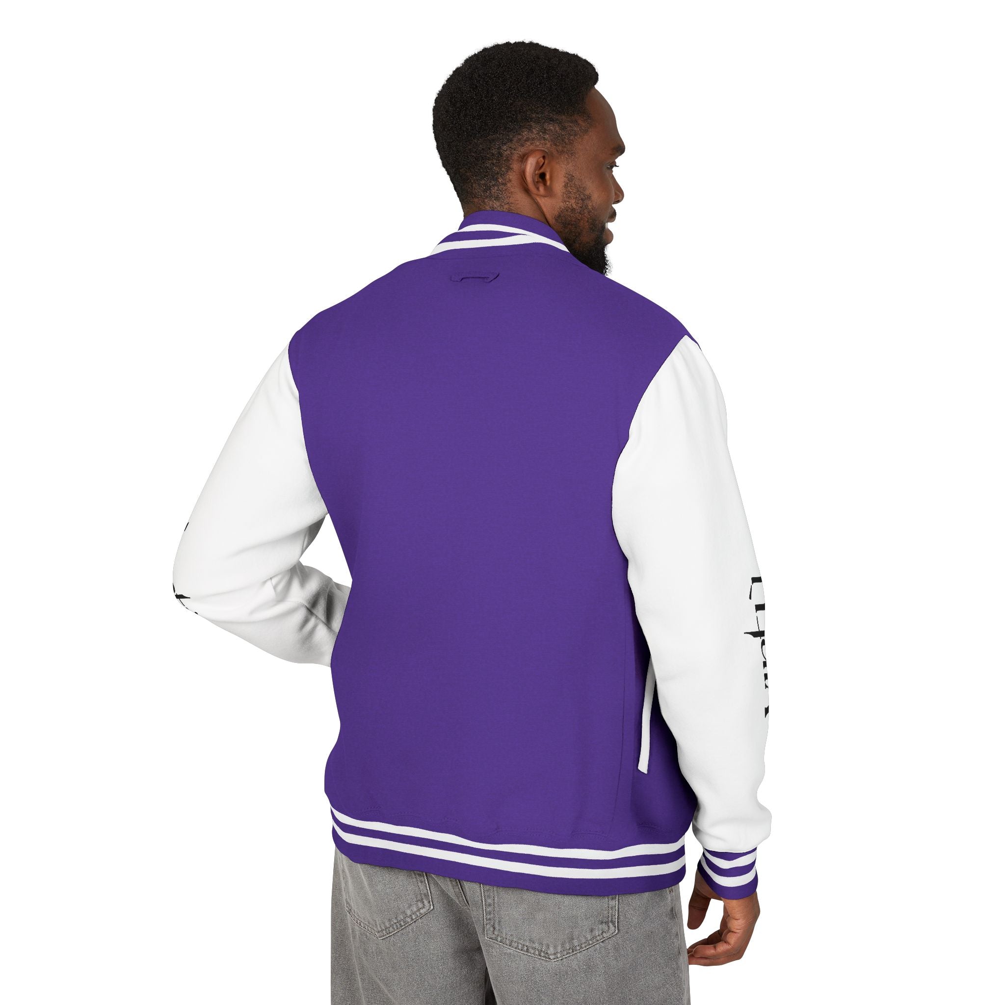 Letterman Jacket — Black & White Varsity Bomber with Sleeve Script