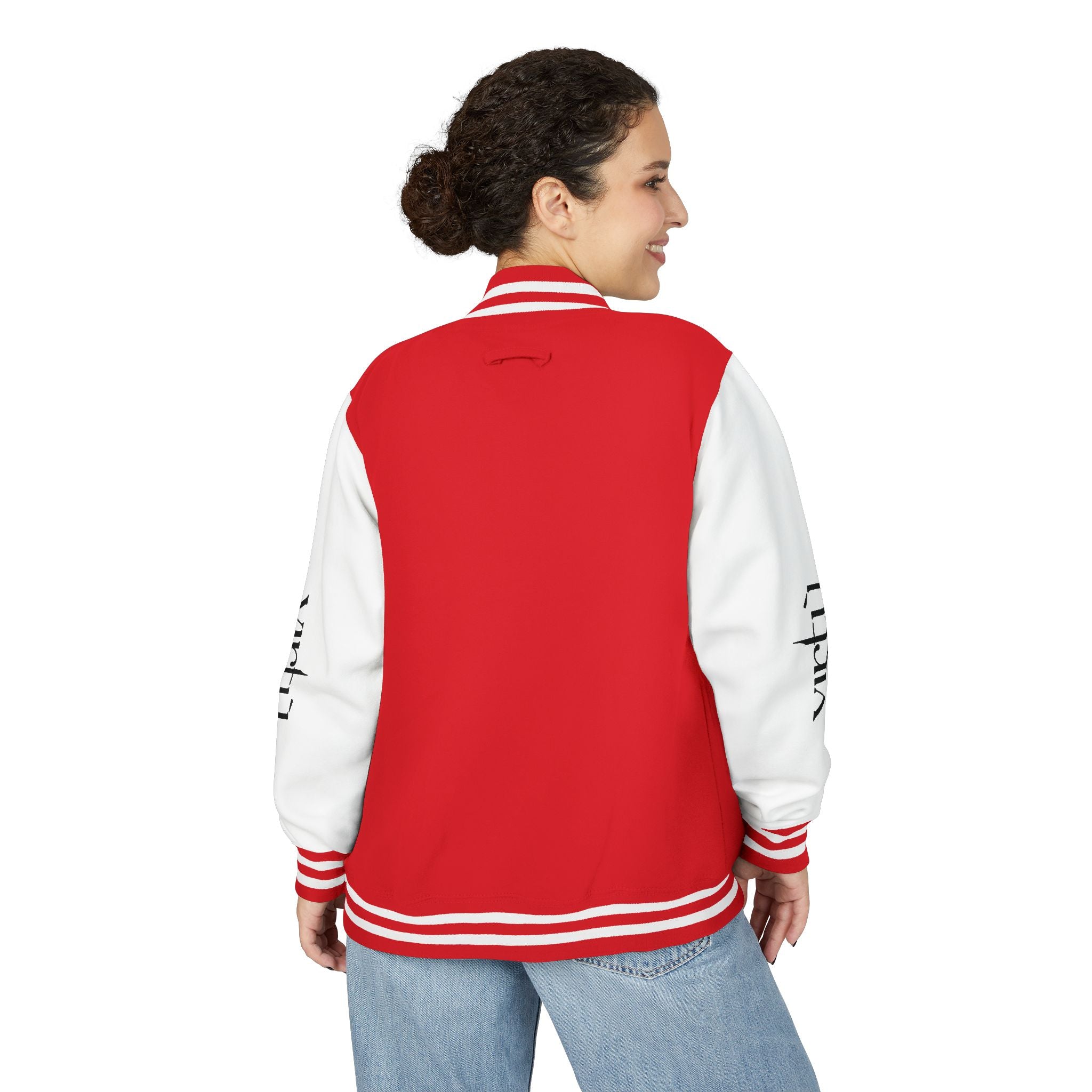 Letterman Jacket — Black & White Varsity Bomber with Sleeve Script