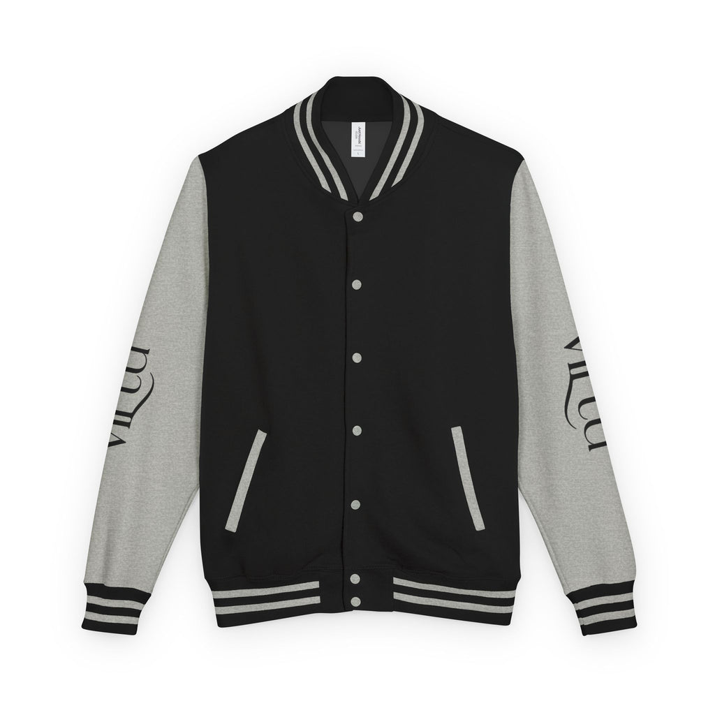 Letterman Jacket — Black & White Varsity Bomber with Sleeve Script