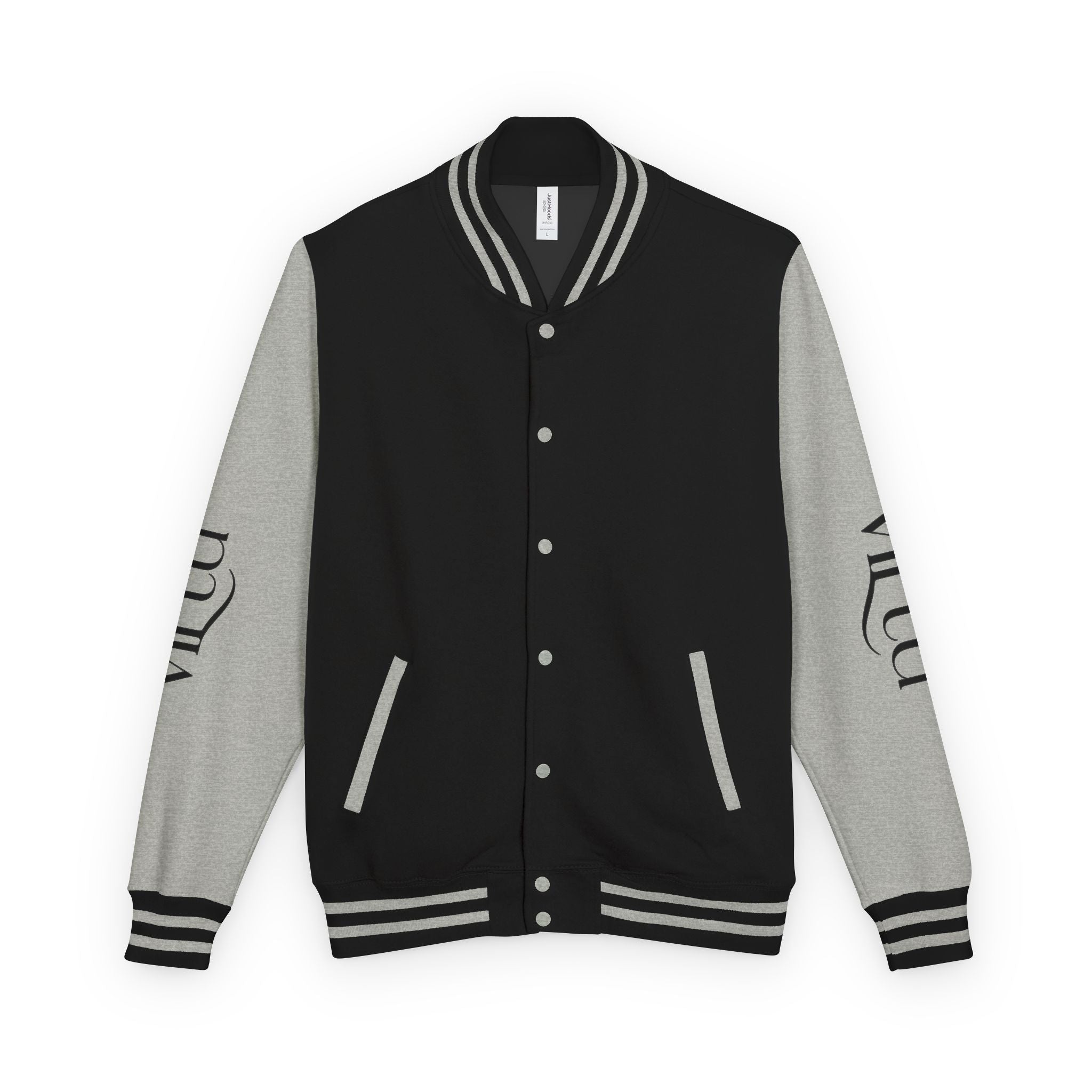 Letterman Jacket — Black & White Varsity Bomber with Sleeve Script