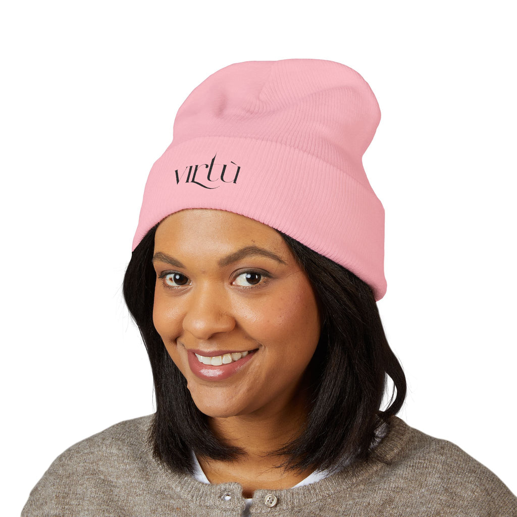Embroidered 'Virtù' Cuffed Beanie — Classic Knit Winter Hat
