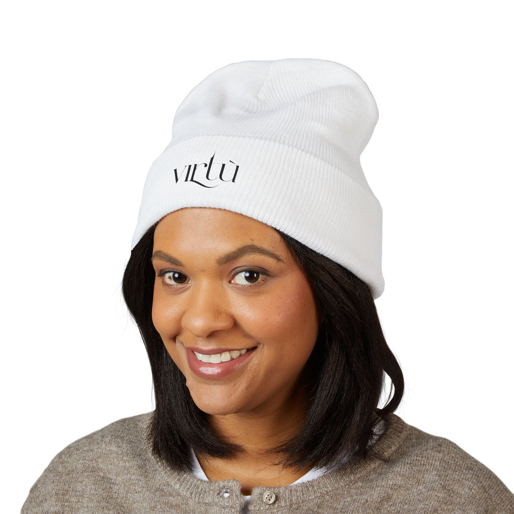 Embroidered 'Virtù' Cuffed Beanie — Classic Knit Winter Hat