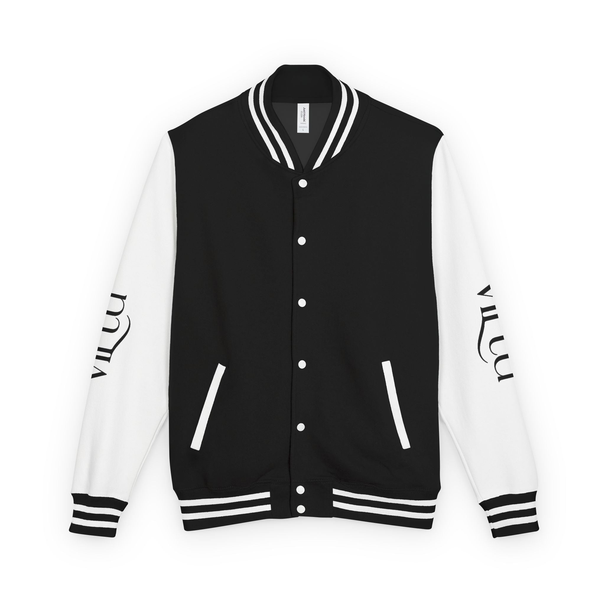Letterman Jacket — Black & White Varsity Bomber with Sleeve Script