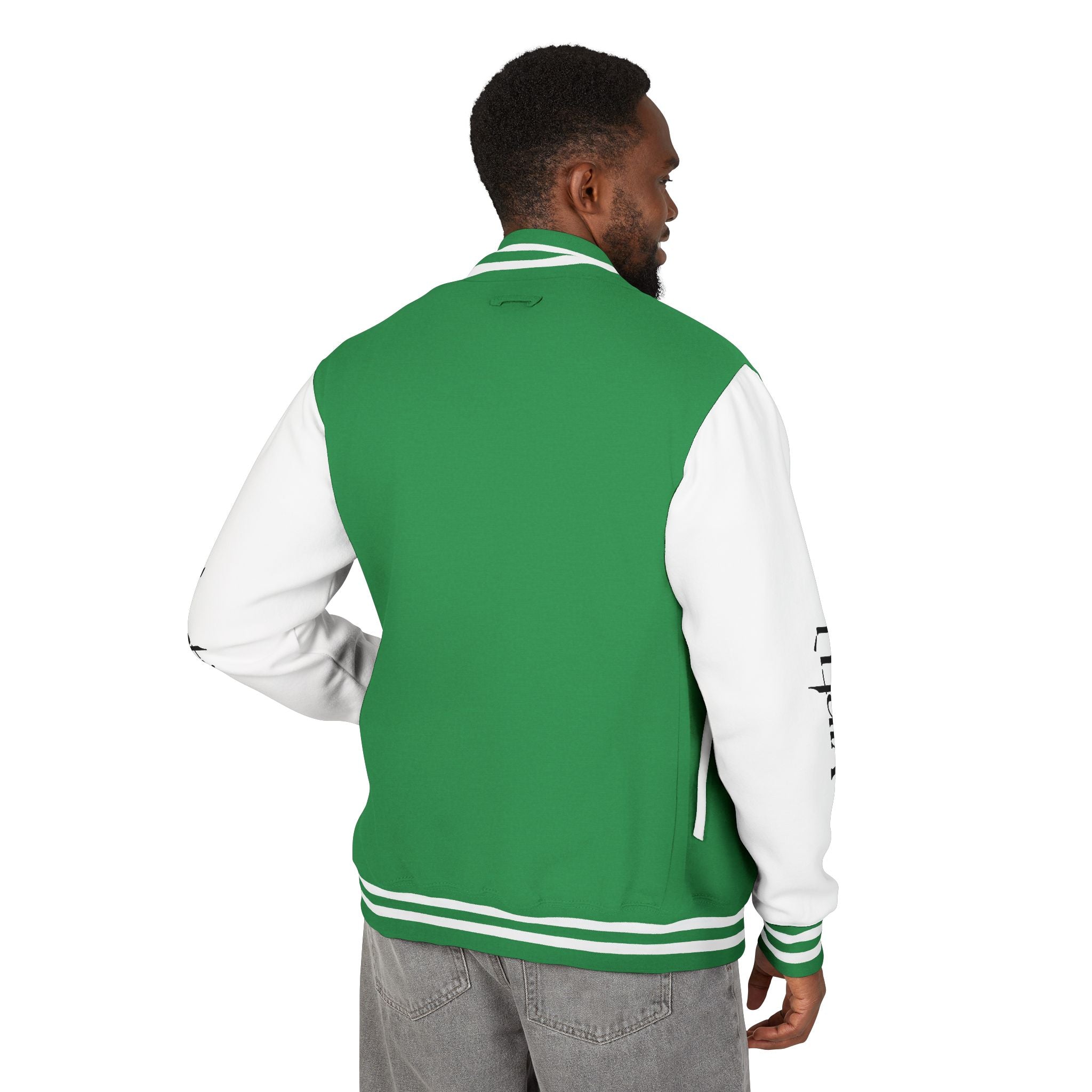 Letterman Jacket — Black & White Varsity Bomber with Sleeve Script