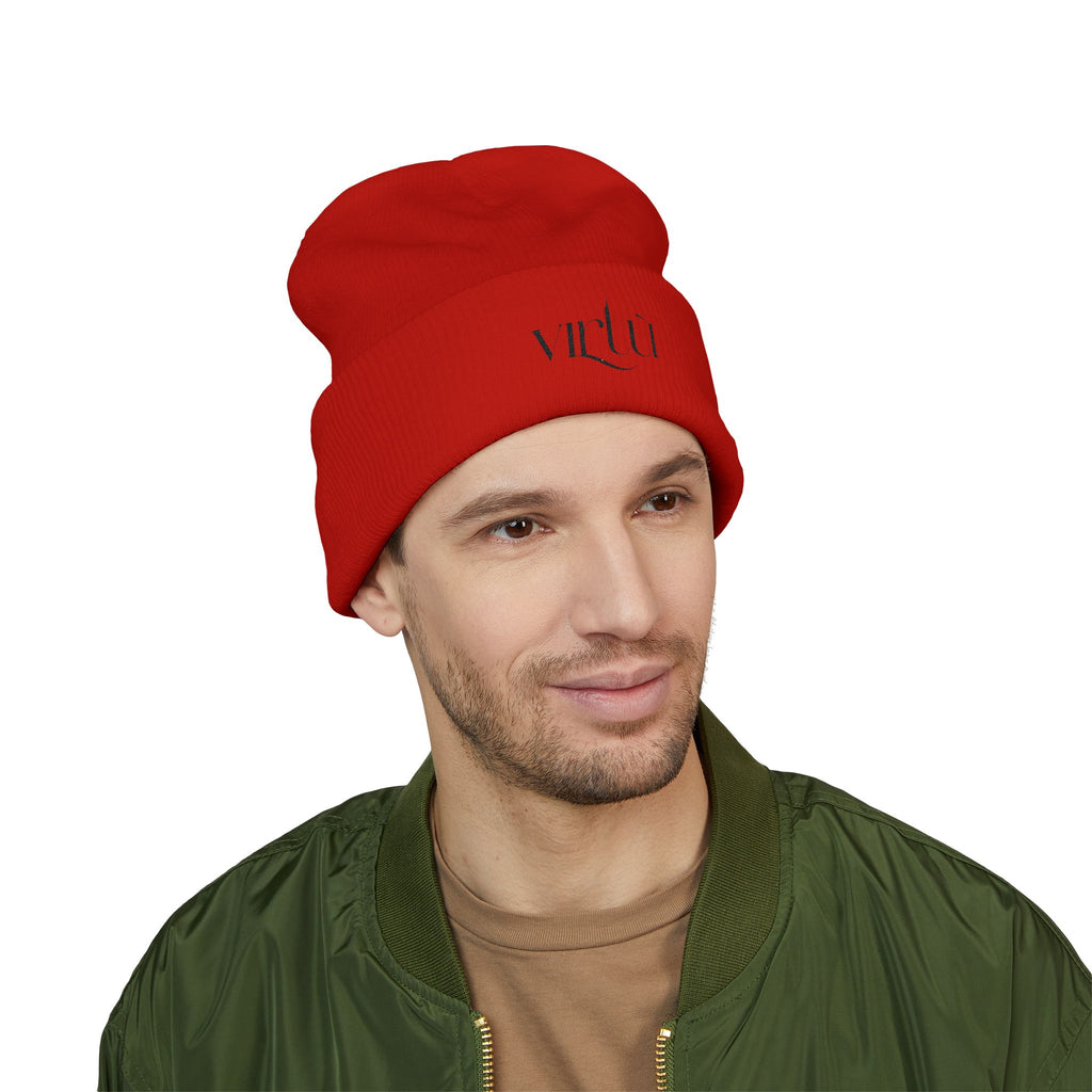 Embroidered 'Virtù' Cuffed Beanie — Classic Knit Winter Hat