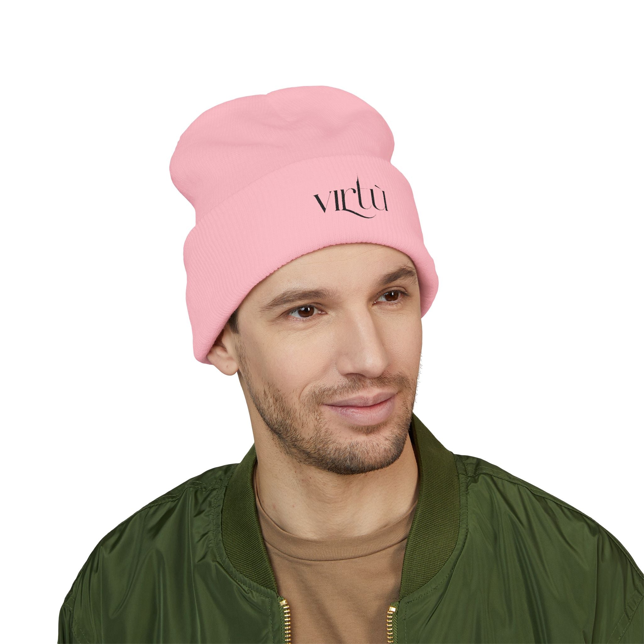 Embroidered 'Virtù' Cuffed Beanie — Classic Knit Winter Hat
