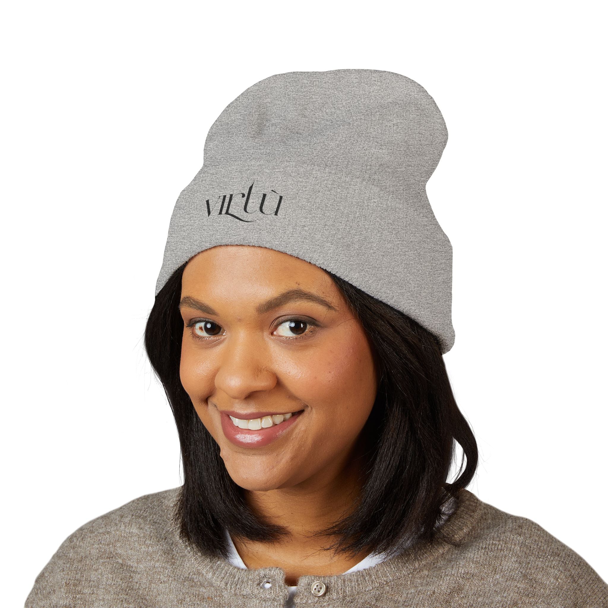 Embroidered 'Virtù' Cuffed Beanie — Classic Knit Winter Hat