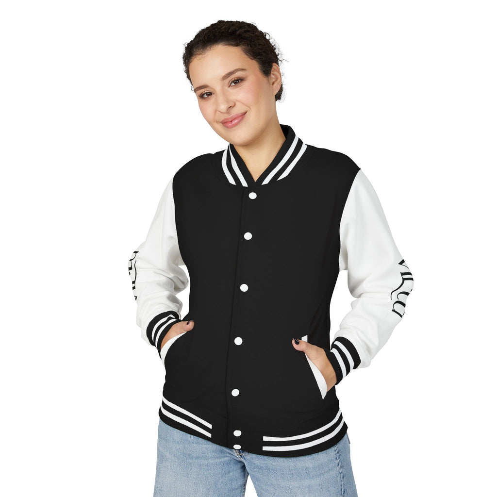 Letterman Jacket — Black & White Varsity Bomber with Sleeve Script
