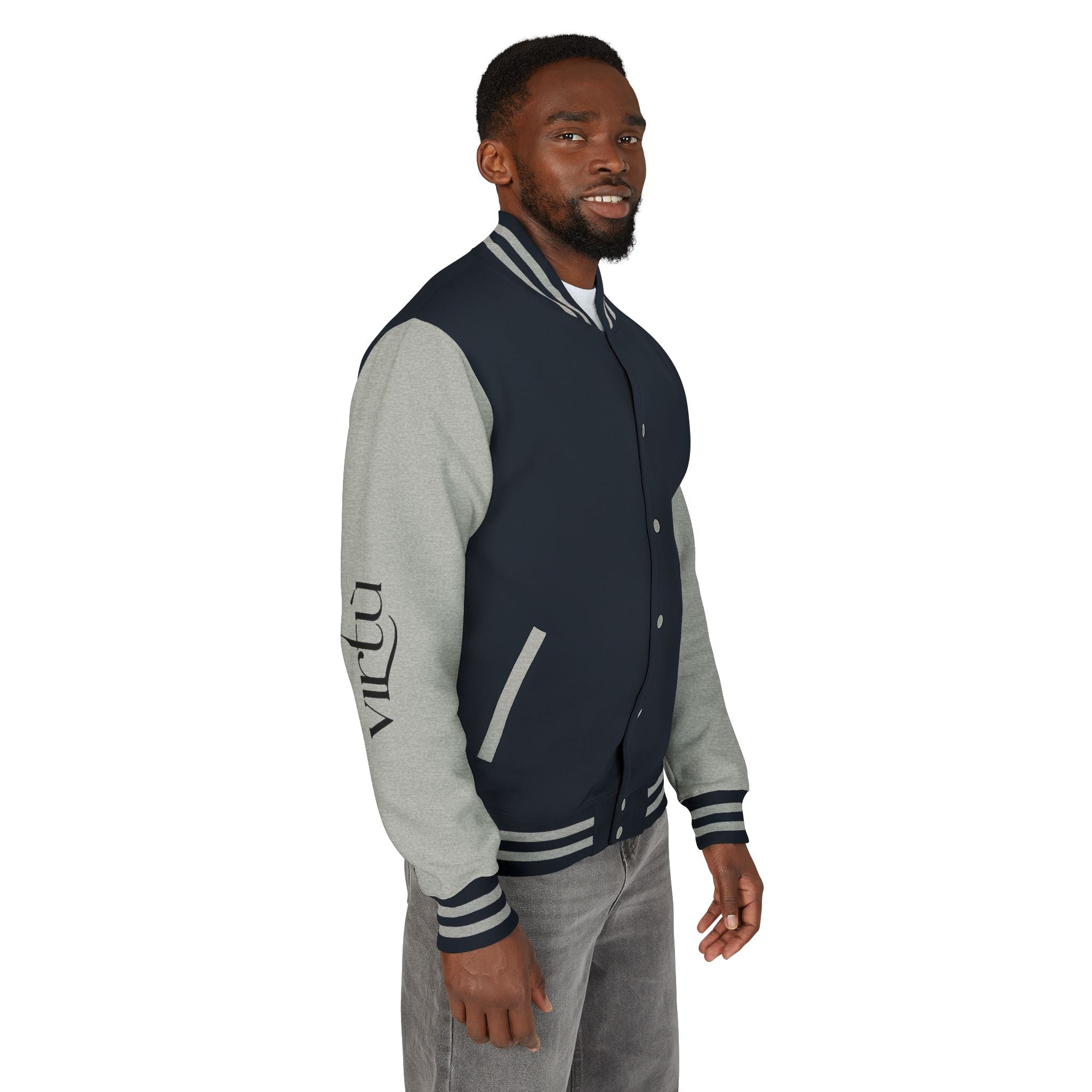 Letterman Jacket — Black & White Varsity Bomber with Sleeve Script