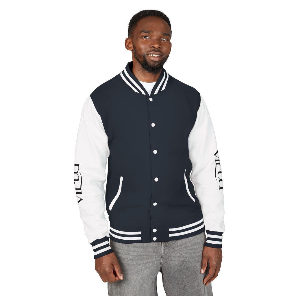 Letterman Jacket — Black & White Varsity Bomber with Sleeve Script