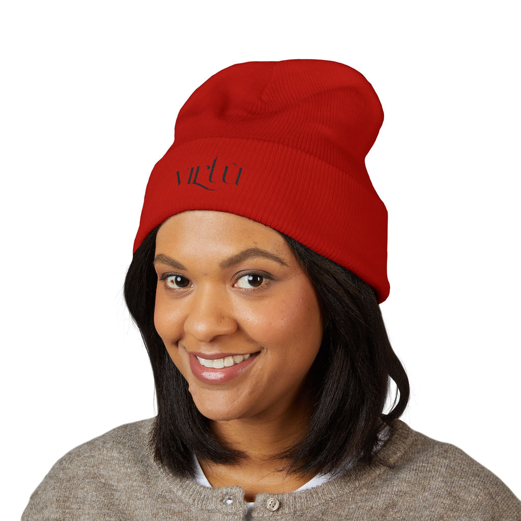 Embroidered 'Virtù' Cuffed Beanie — Classic Knit Winter Hat
