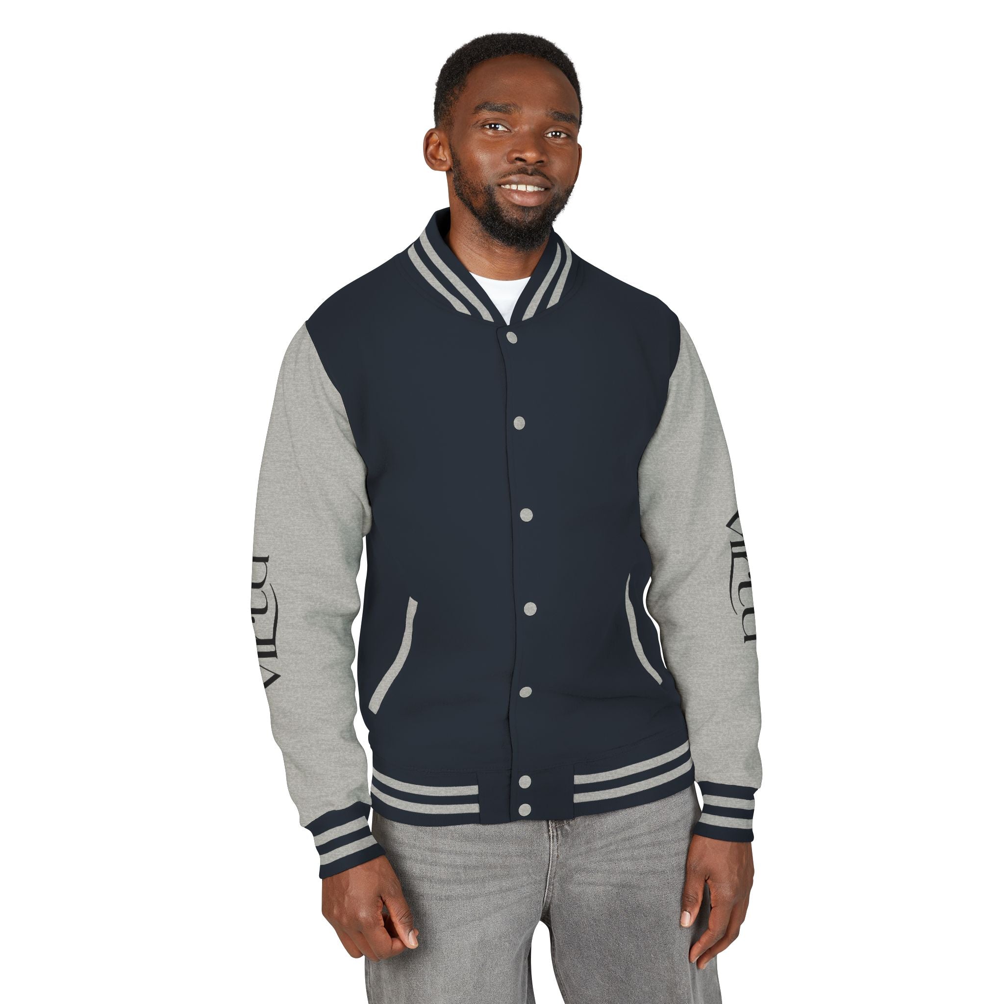 Letterman Jacket — Black & White Varsity Bomber with Sleeve Script
