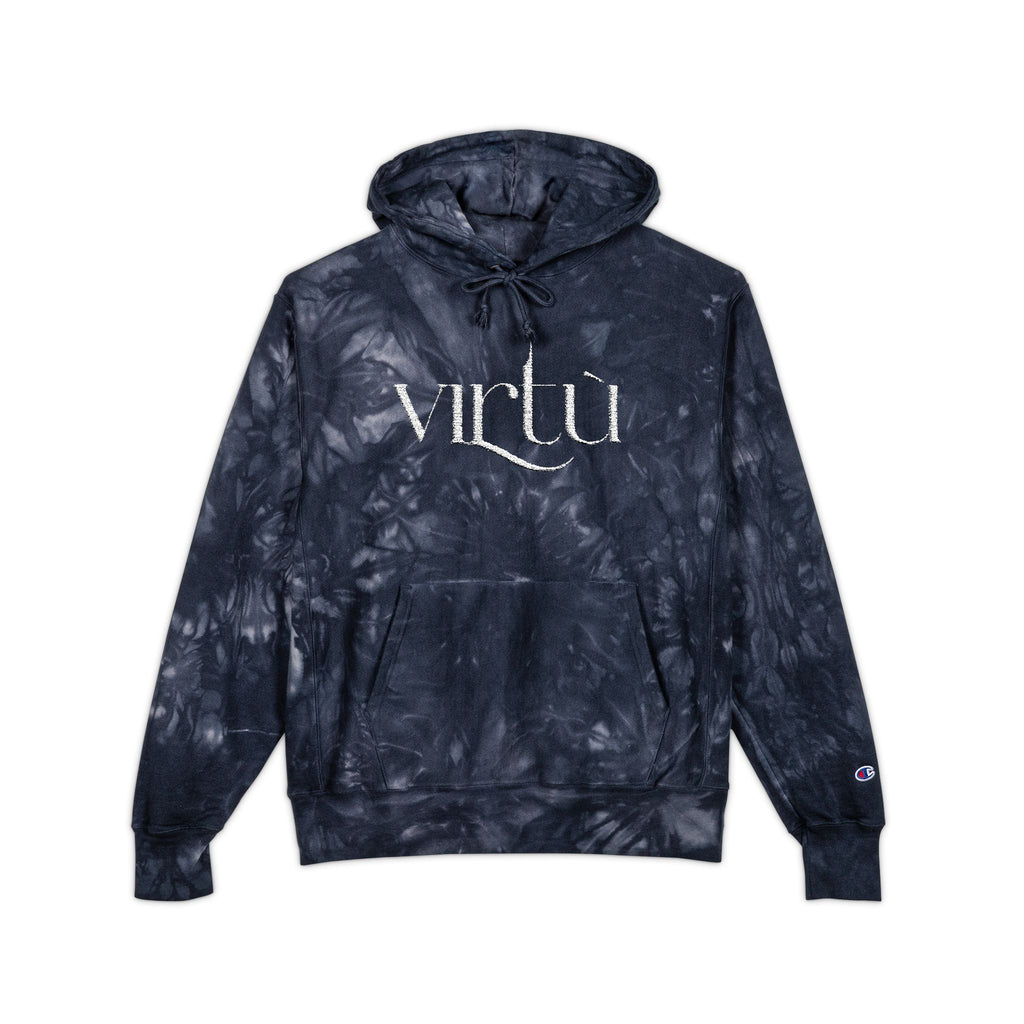 Tie-Dye Hoodie — Embroidered "Virtù" Black Swirl Streetwear
