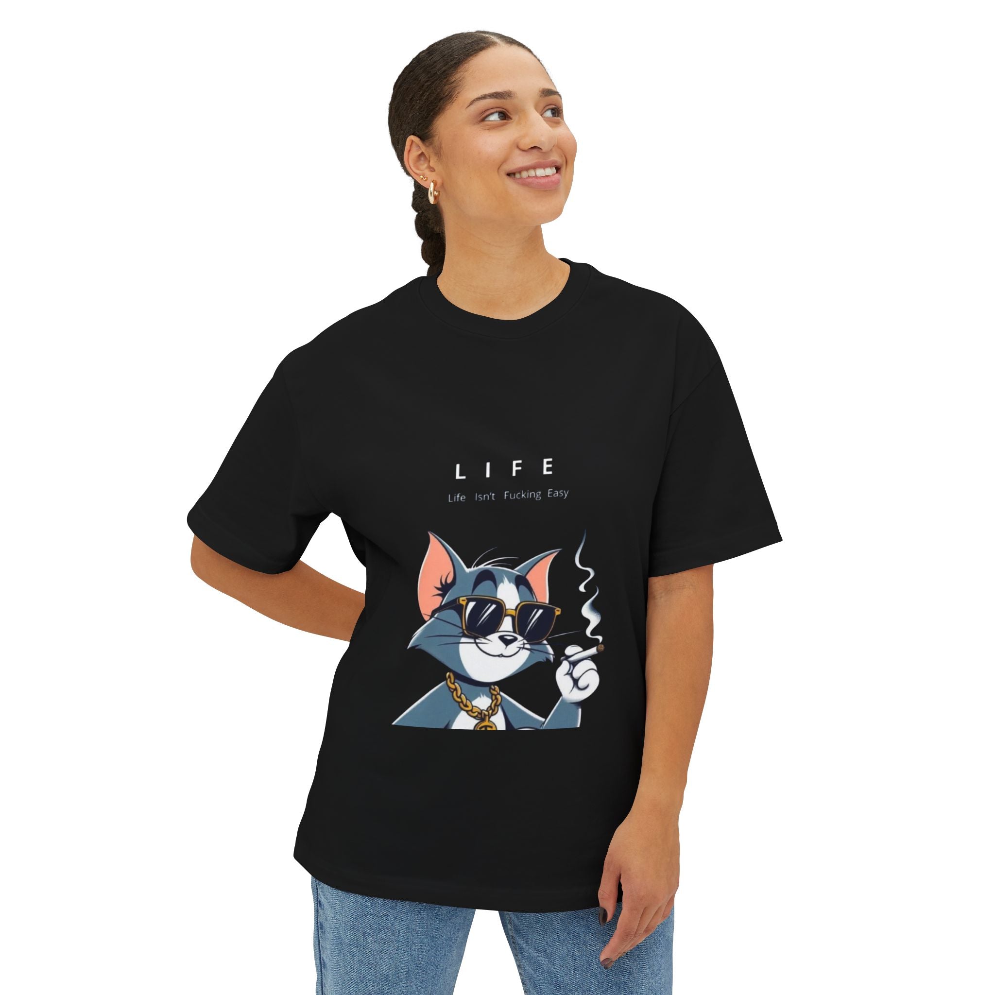 Cat Cartoon Tee — "Life Is Not Coming Back" Oversized Graphic T-Shirt