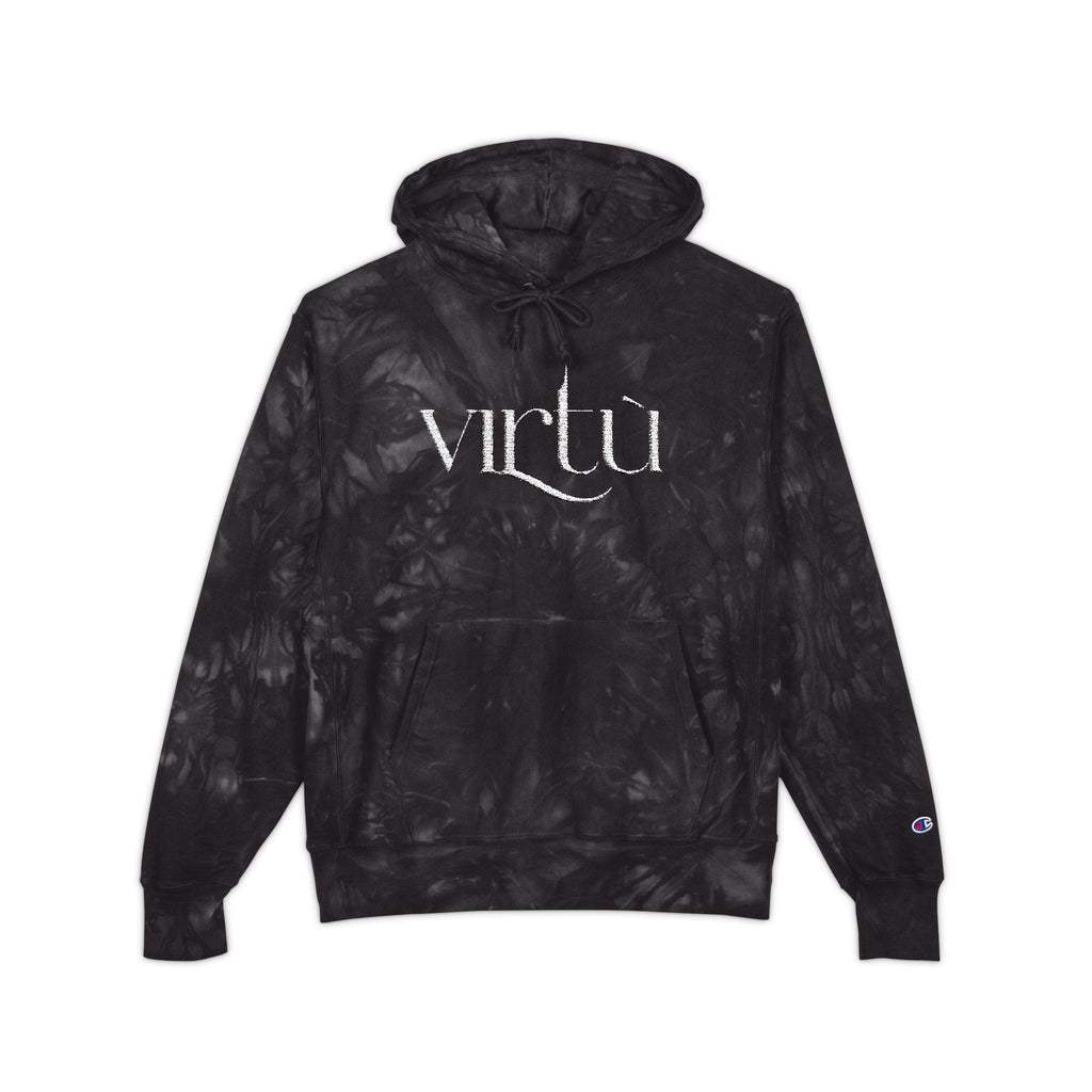 Tie-Dye Hoodie — Embroidered "Virtù" Black Swirl Streetwear
