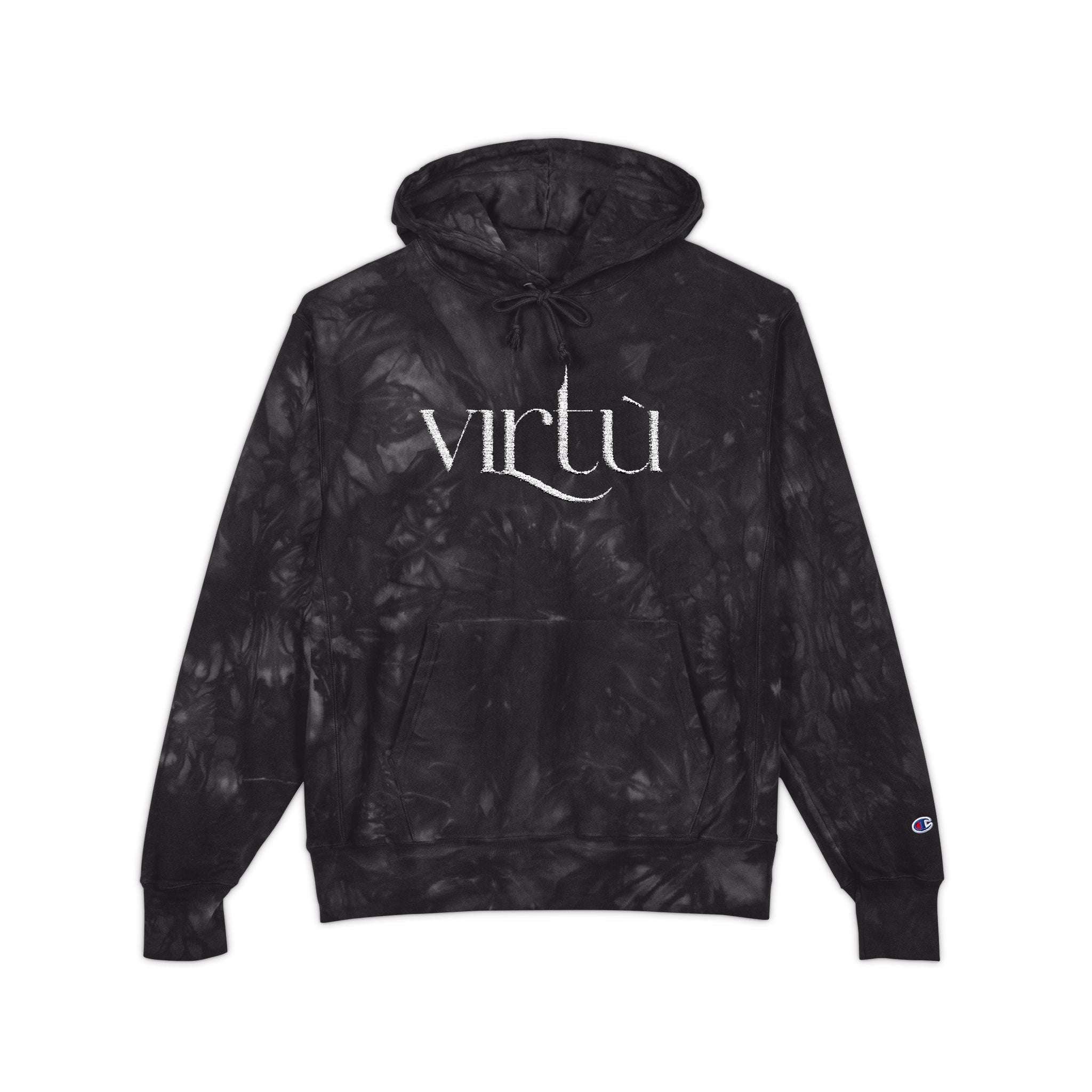 Tie-Dye Hoodie — Embroidered "Virtù" Black Swirl Streetwear