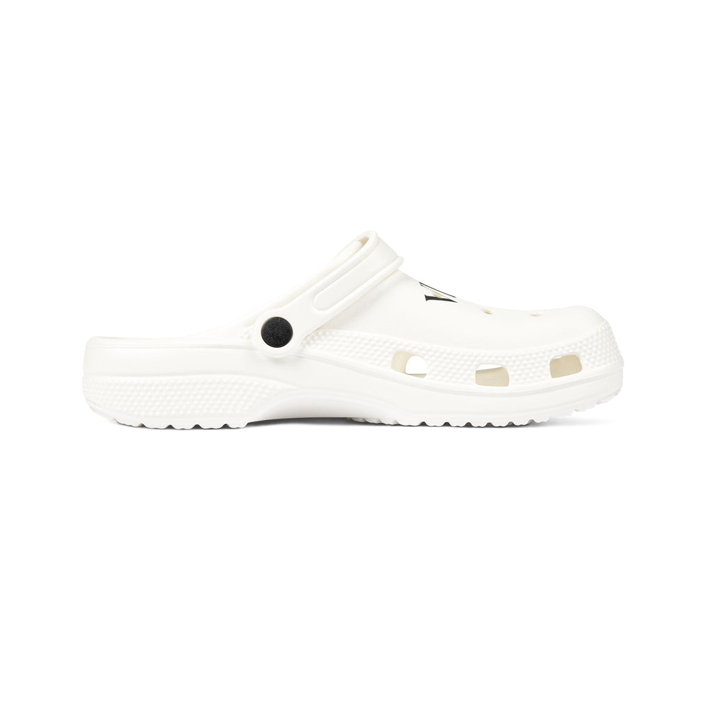 White EVA Foam Clogs with Script Logo — Lightweight Comfort Slip-Ons