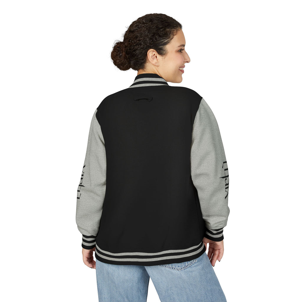 Letterman Jacket — Black & White Varsity Bomber with Sleeve Script