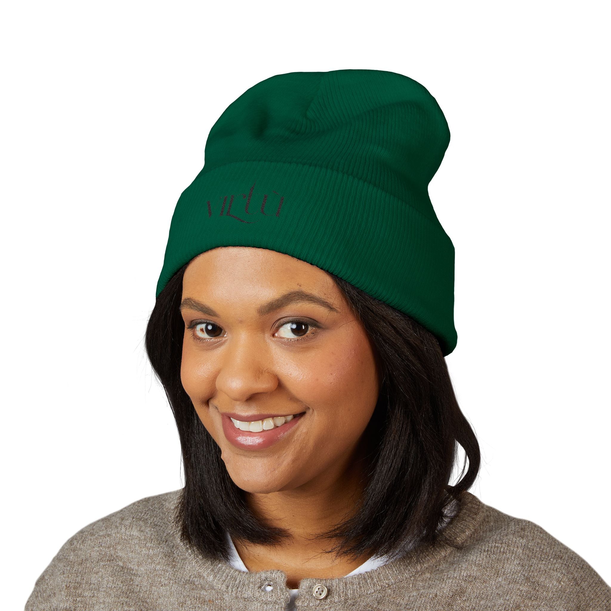 Embroidered 'Virtù' Cuffed Beanie — Classic Knit Winter Hat