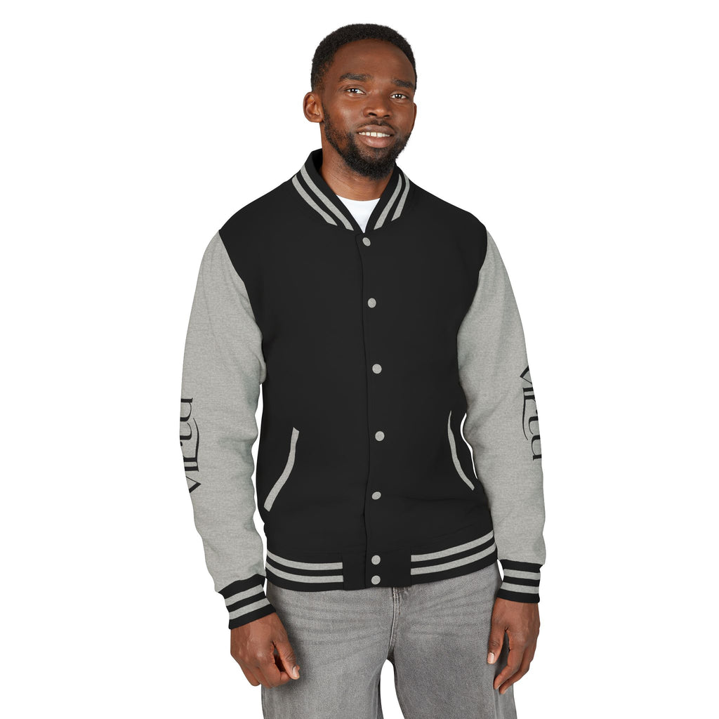 Letterman Jacket — Black & White Varsity Bomber with Sleeve Script