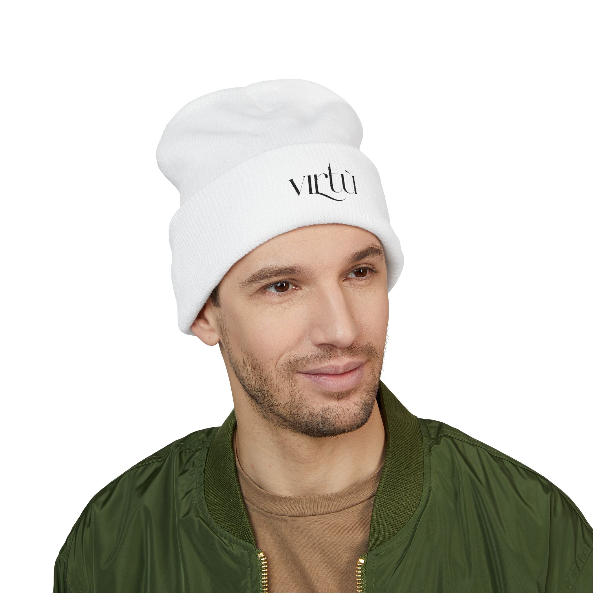 Embroidered 'Virtù' Cuffed Beanie — Classic Knit Winter Hat